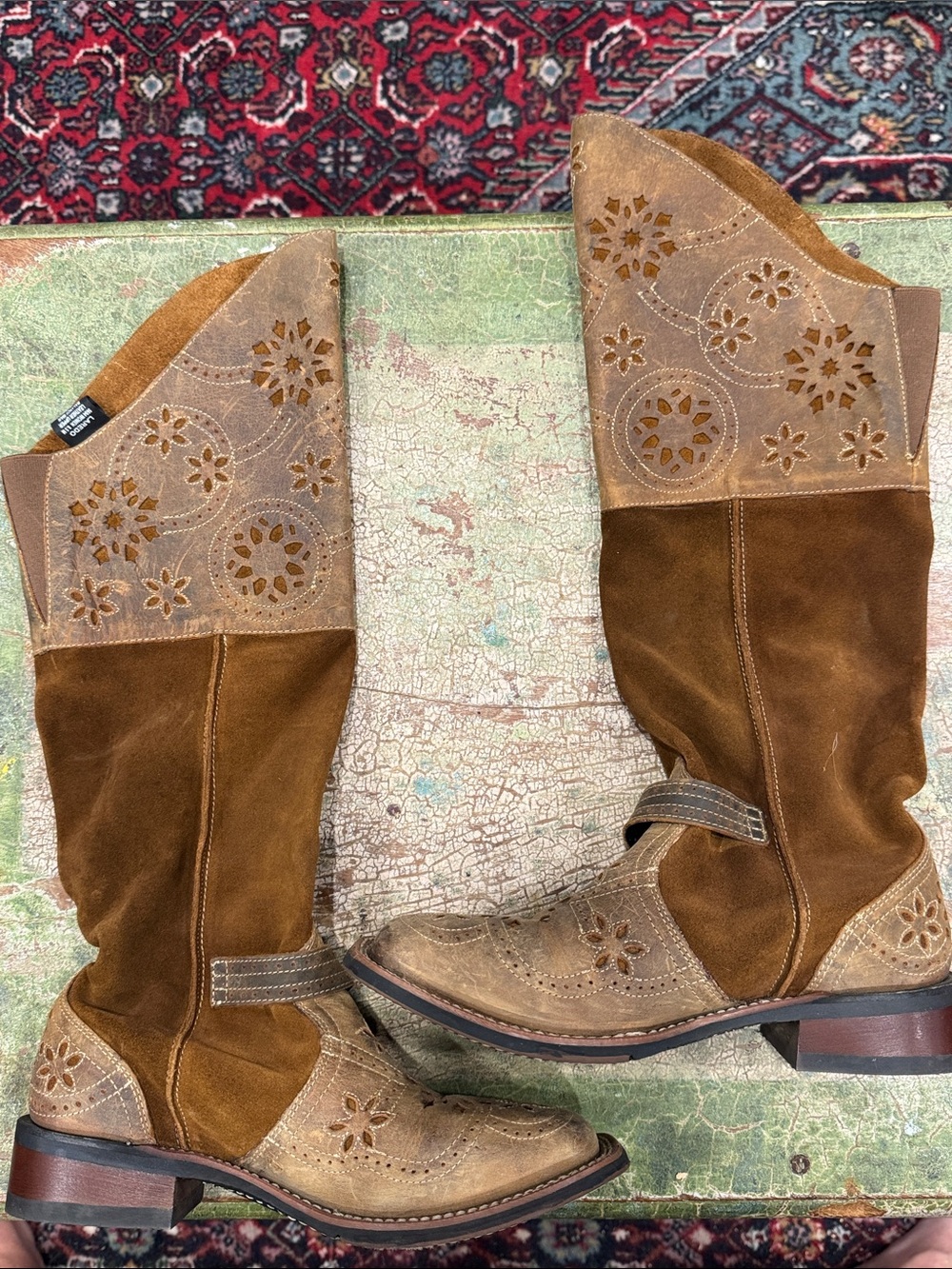 Laredo Brown Suede Floral Cutout Western Knee Boots